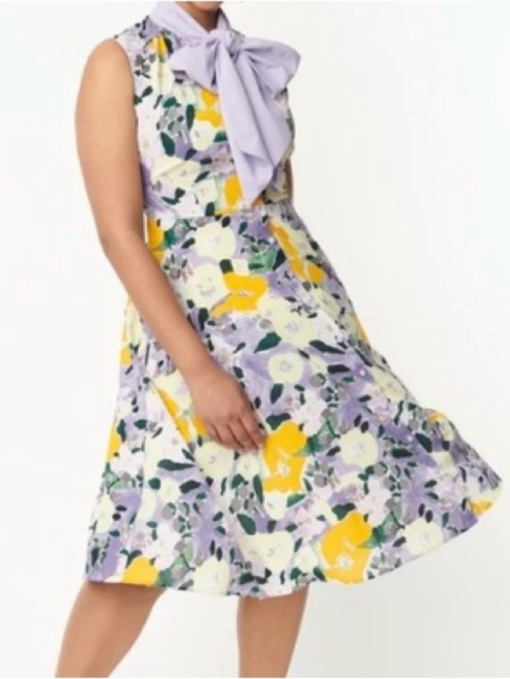 Unique Vintage Floral Tie-Neck Fit & Flare Dress in Lavender, Yellow & White